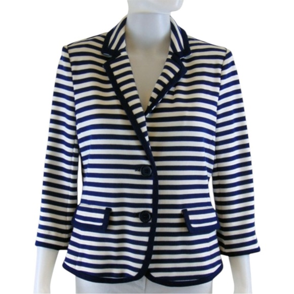 !SOLD! CLEO Navy & White Striped Women's Blazer Two Button Front Small Petite - Picture 1 of 7